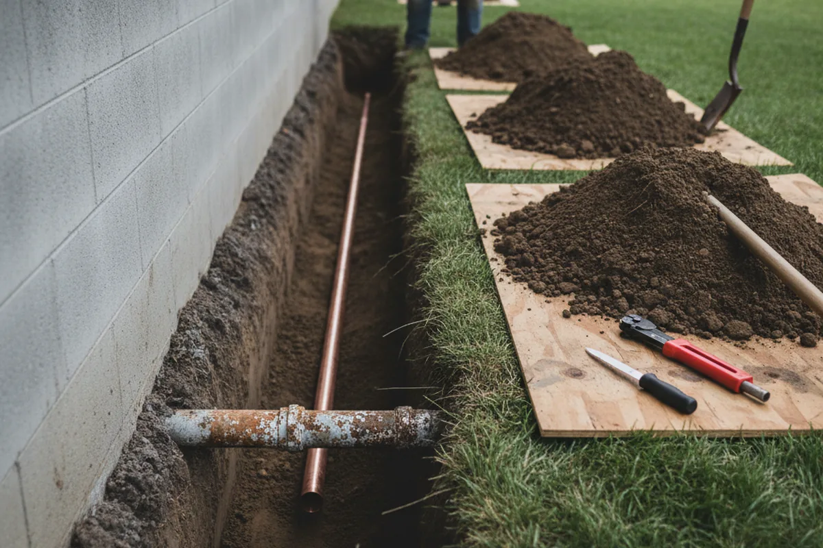 Excavated water line trench during Sewer Line Repair in Laurel Hill